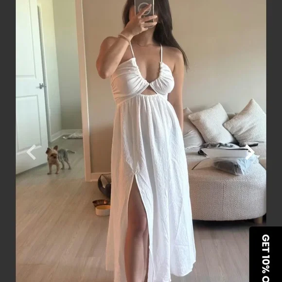 Backless Criss Cross Split Midi Dress Commense size L cream UP-24 - Picture 5 of 5